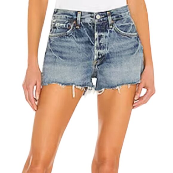 Agolde Raw Hem Denim Mid Rise Waist Button Fly Waist Parker Jean Shorts Blue 24 - Picture 1 of 8